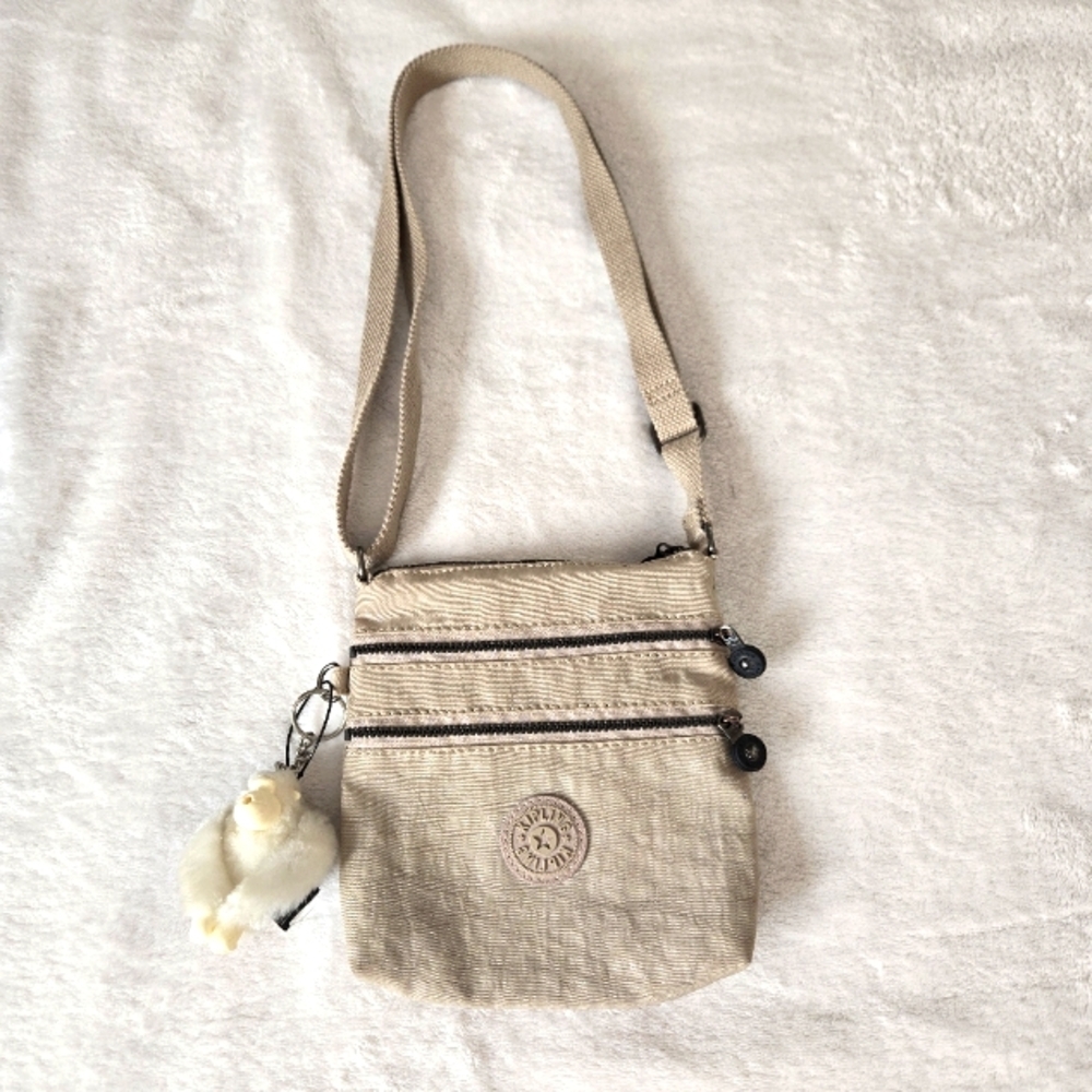 Kipling Alvar Crossbody Nylon Purse Beige Glitter  Shoulderbag Small